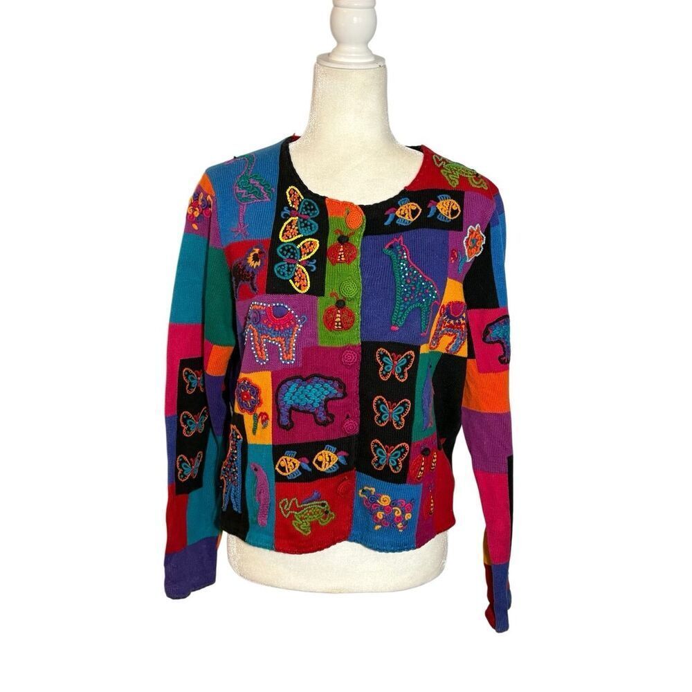 Vintage Michael Simon wearable art cardigan with beaded and embroidered animal m